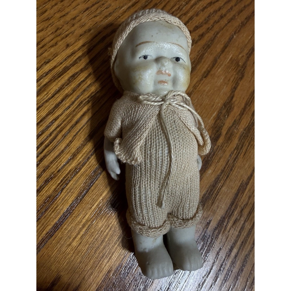Antique German Bisque Baby Doll 4" Miniature with Clothes Shown